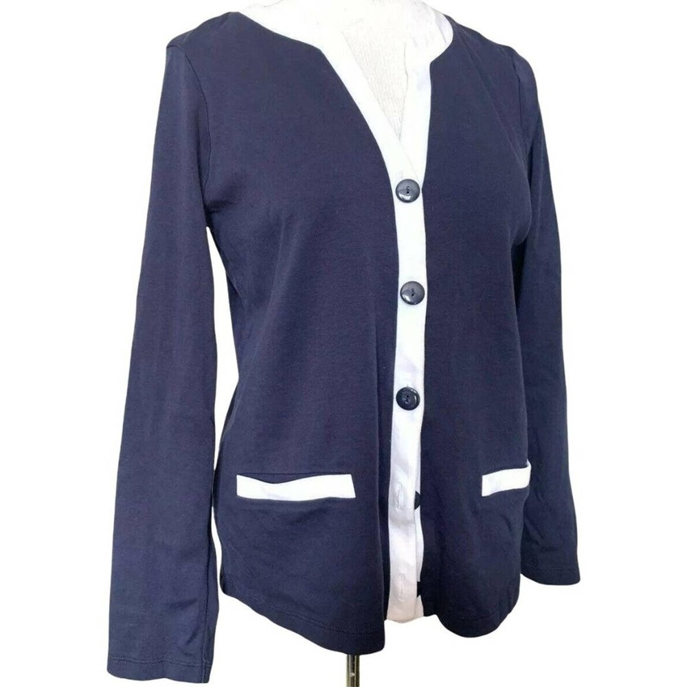 Appleseeds Blue Cardigan Sweater White Trim Button Down Faux Pockets Size Medium